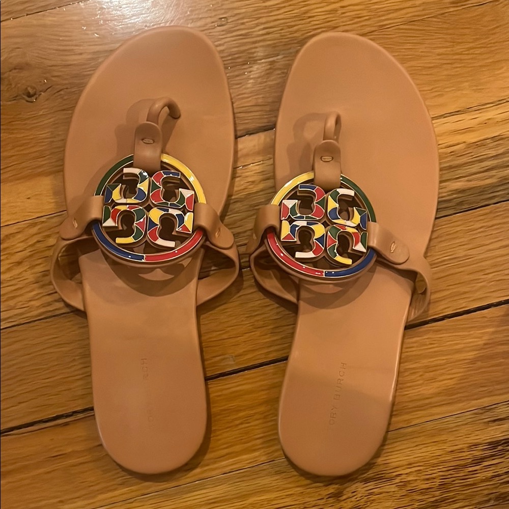 Tory Burch Tan Sandals with Colorful Logo